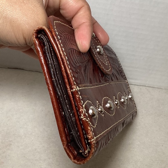 American West Tooled Leather Western Buckle Clutch Wallet Brown Black - Picture 13 of 16